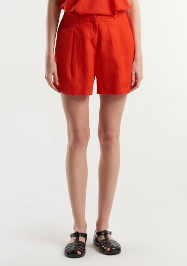  Kadın Kırmızı %100 Keten Kısa Şort