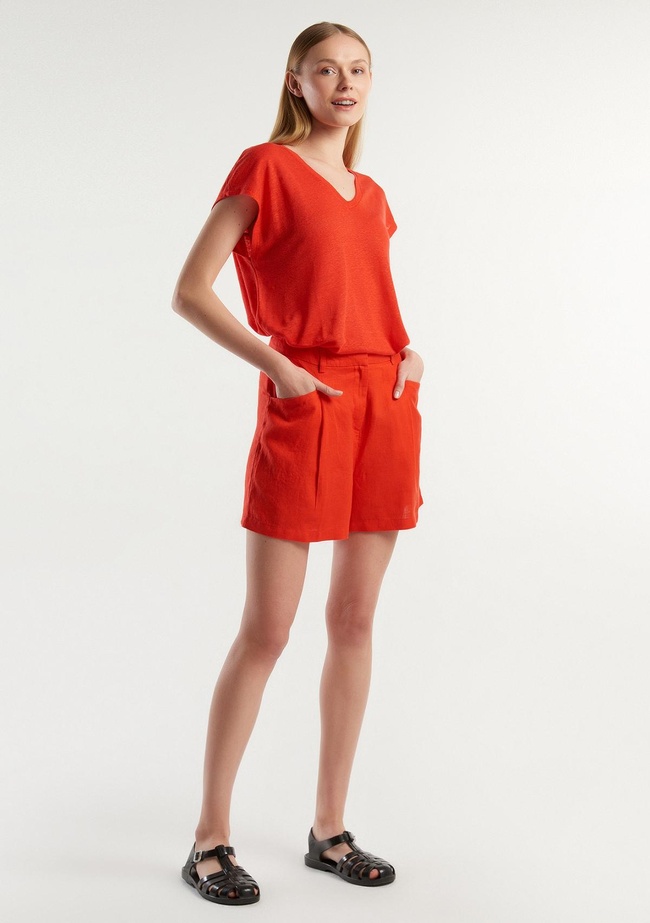  Kadın Kırmızı %100 Keten Kısa Şort