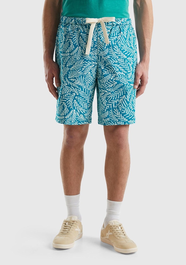  Erkek Yeşil Mix Streç Pamuklu Tamamı Desenli Yama Cepli Şort