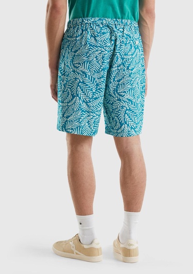  Erkek Yeşil Mix Streç Pamuklu Tamamı Desenli Yama Cepli Şort