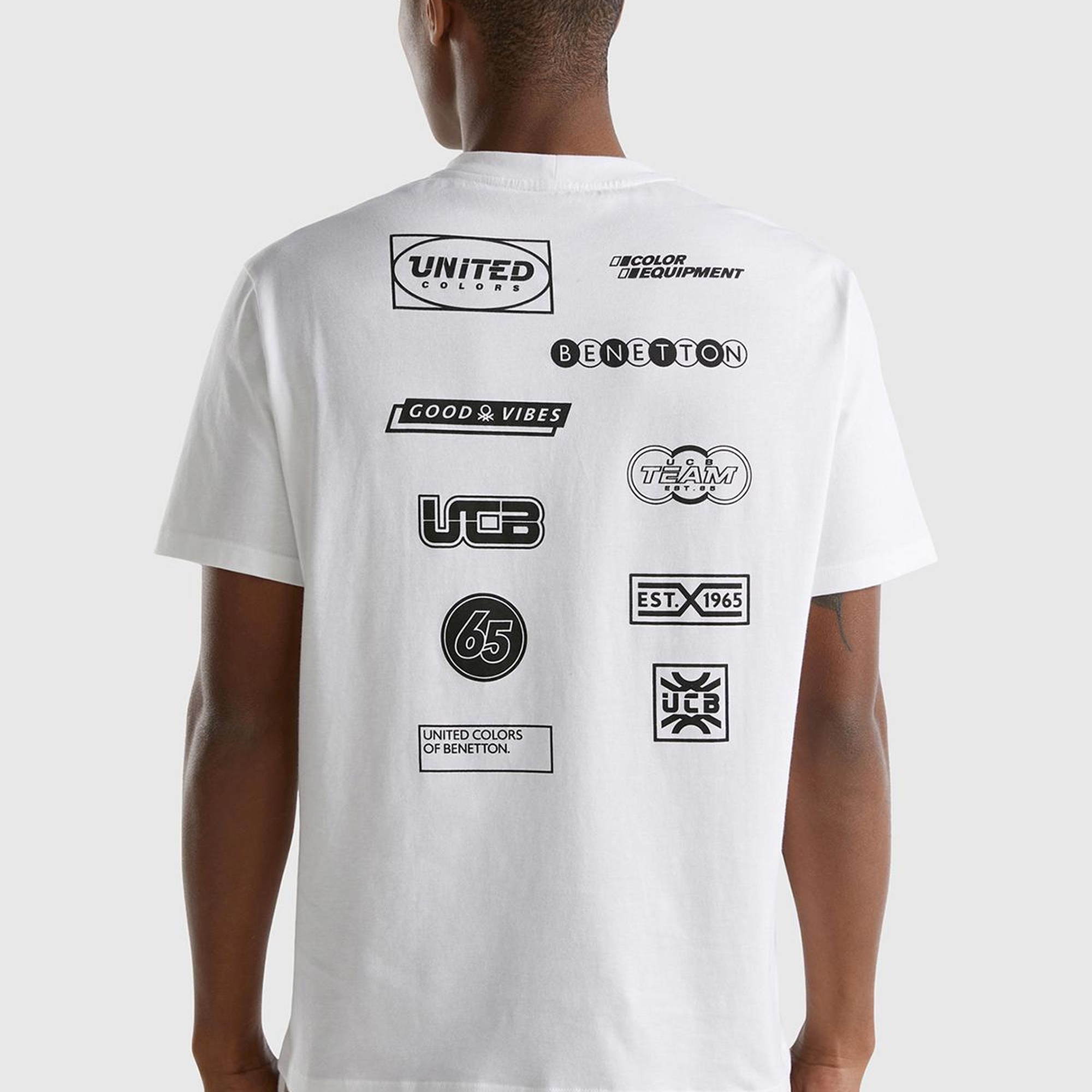 Erkek Beyaz %100 Pamuk Önü ve Arkası Logo Baskılı Bisiklet Yaka T-Shirt