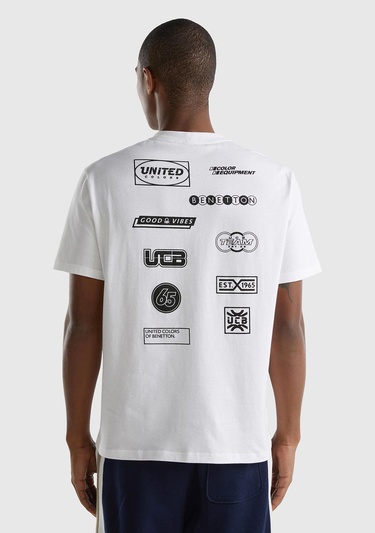  Erkek Beyaz %100 Pamuk Önü ve Arkası Logo Baskılı Bisiklet Yaka T-Shirt