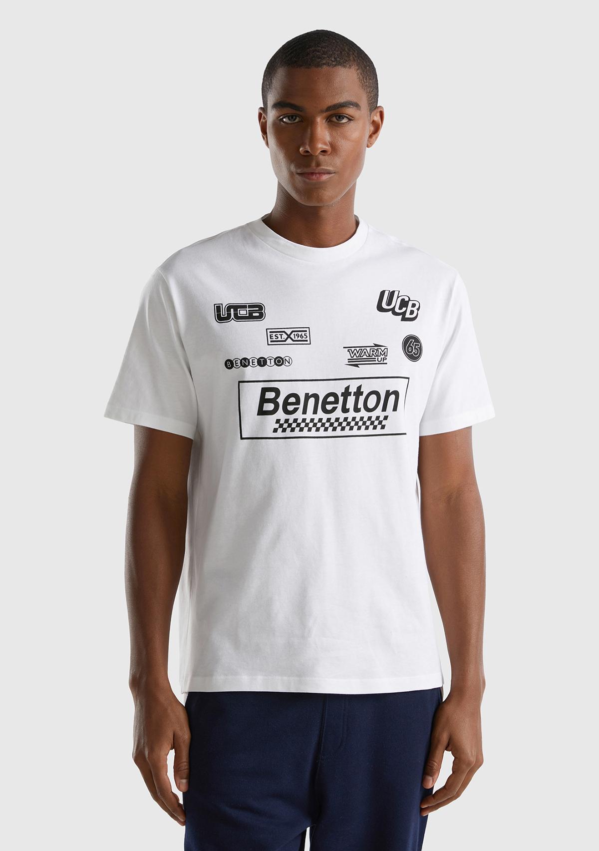  Erkek Beyaz %100 Pamuk Önü ve Arkası Logo Baskılı Bisiklet Yaka T-Shirt