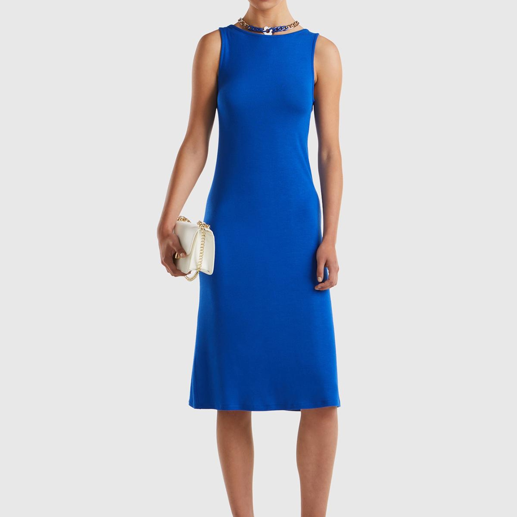 Kadın Saks Mavi Viskoz Karışımlı Arkası Üçgen ve Düğüm Detaylı Kolsuz Elbise