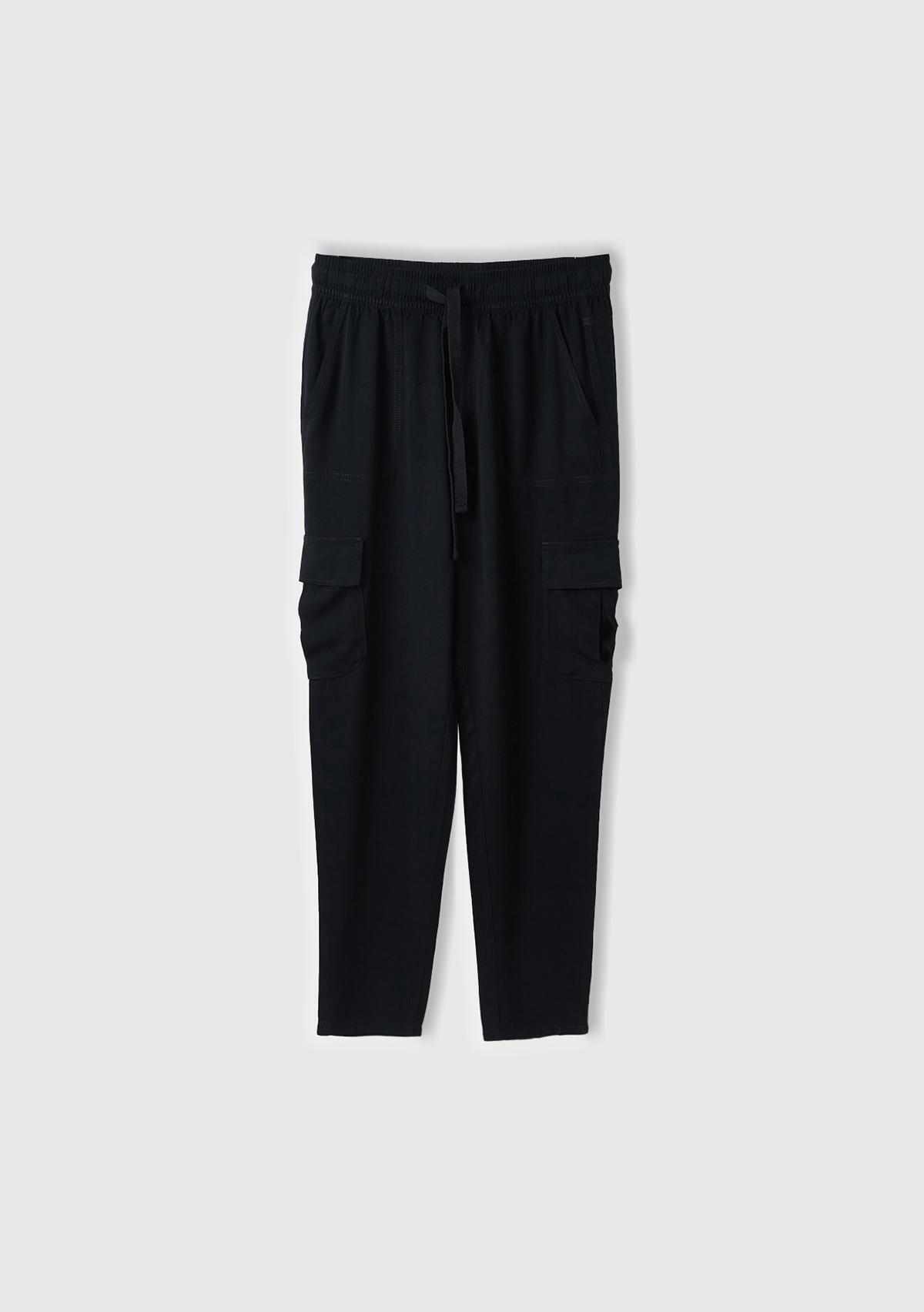  Kadın Siyah %100 Viskoz Beli Büzgülü 4 Cepli Dar Paça Pantolon