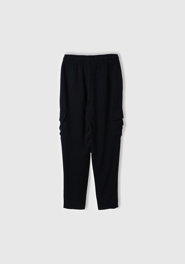  Kadın Siyah %100 Viskoz Beli Büzgülü 4 Cepli Dar Paça Pantolon