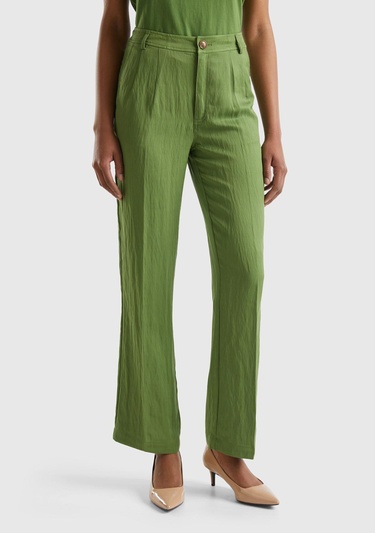  Kadın Soluk Yeşil Liyosel Karışımlı Çift Pileli  Pantolon