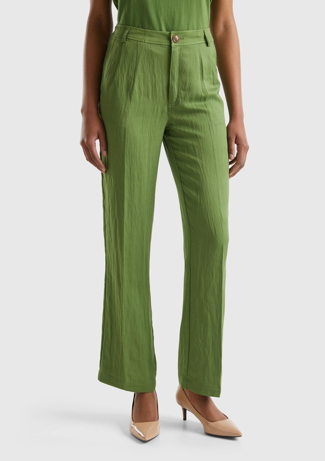  Kadın Soluk Yeşil Liyosel Karışımlı Çift Pileli  Pantolon