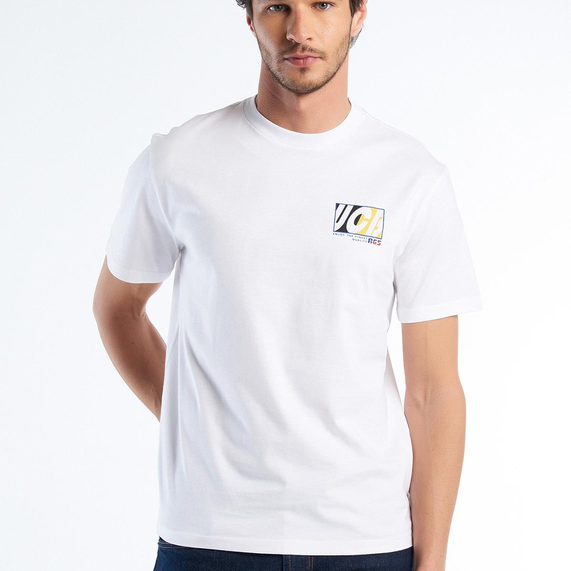 Erkek Beyaz Mıx %100 Pamuk Önü ve Arkası Logo Baskılı Bisiklet Yaka T-Shirt