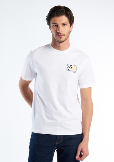  Erkek Beyaz Mıx %100 Pamuk Önü ve Arkası Logo Baskılı Bisiklet Yaka T-Shirt