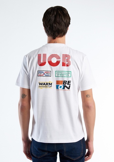  Erkek Beyaz Mıx %100 Pamuk Önü ve Arkası Logo Baskılı Bisiklet Yaka T-Shirt