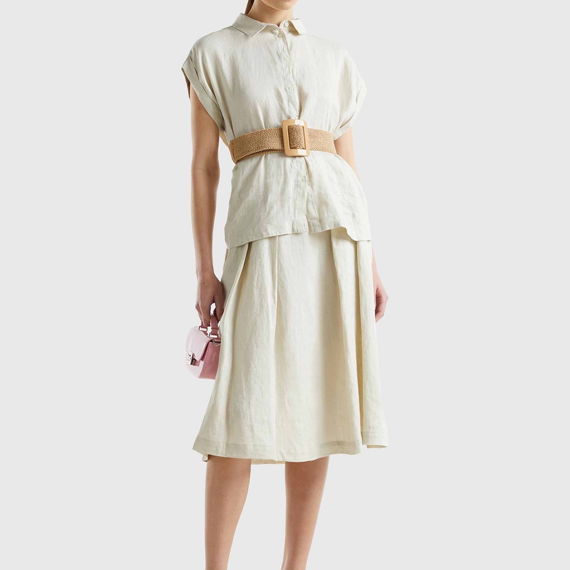 Kadın Bej %100 Keten Geniş Uzun Etek