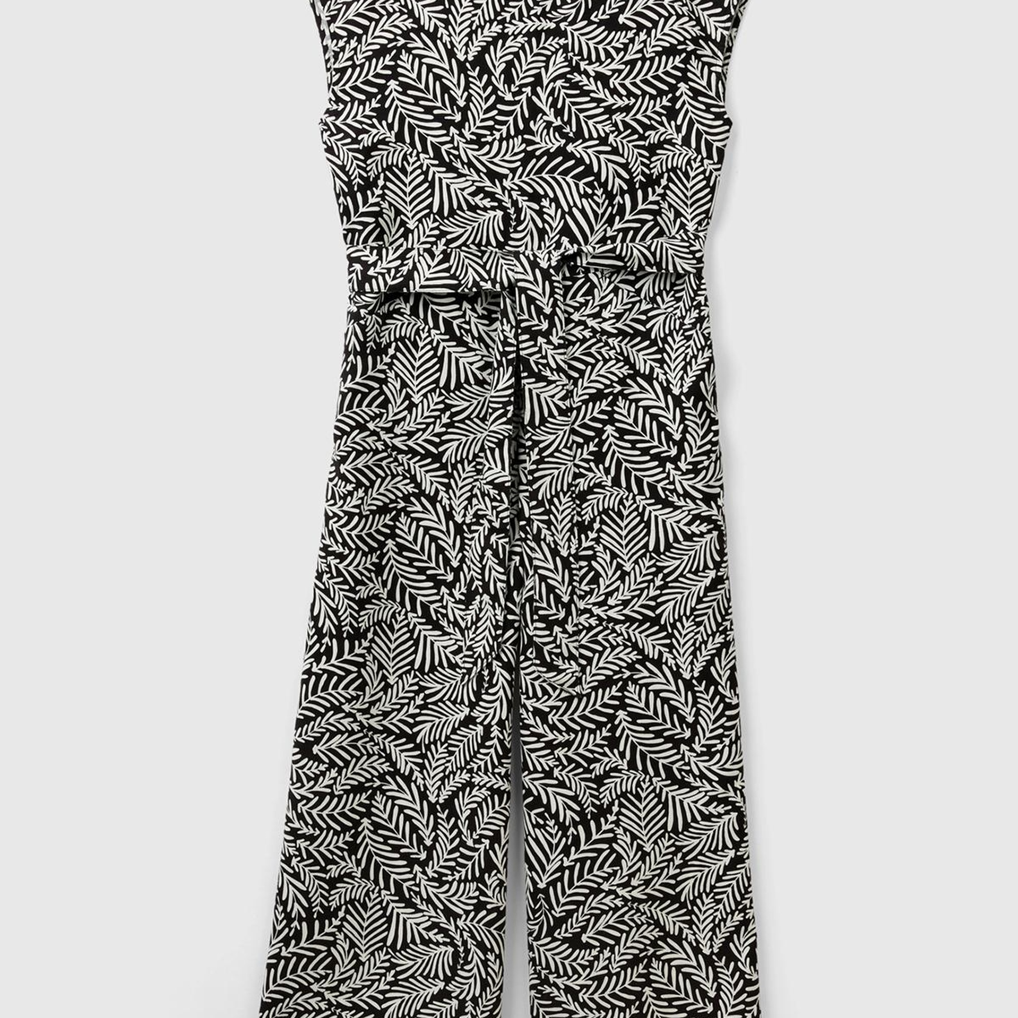 Kadın Siyah-Beyaz %100 Liyosel Tamamı Desenli Belden Bağlamalı Tulum