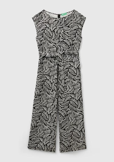  Kadın Siyah-Beyaz %100 Liyosel Tamamı Desenli Belden Bağlamalı Tulum