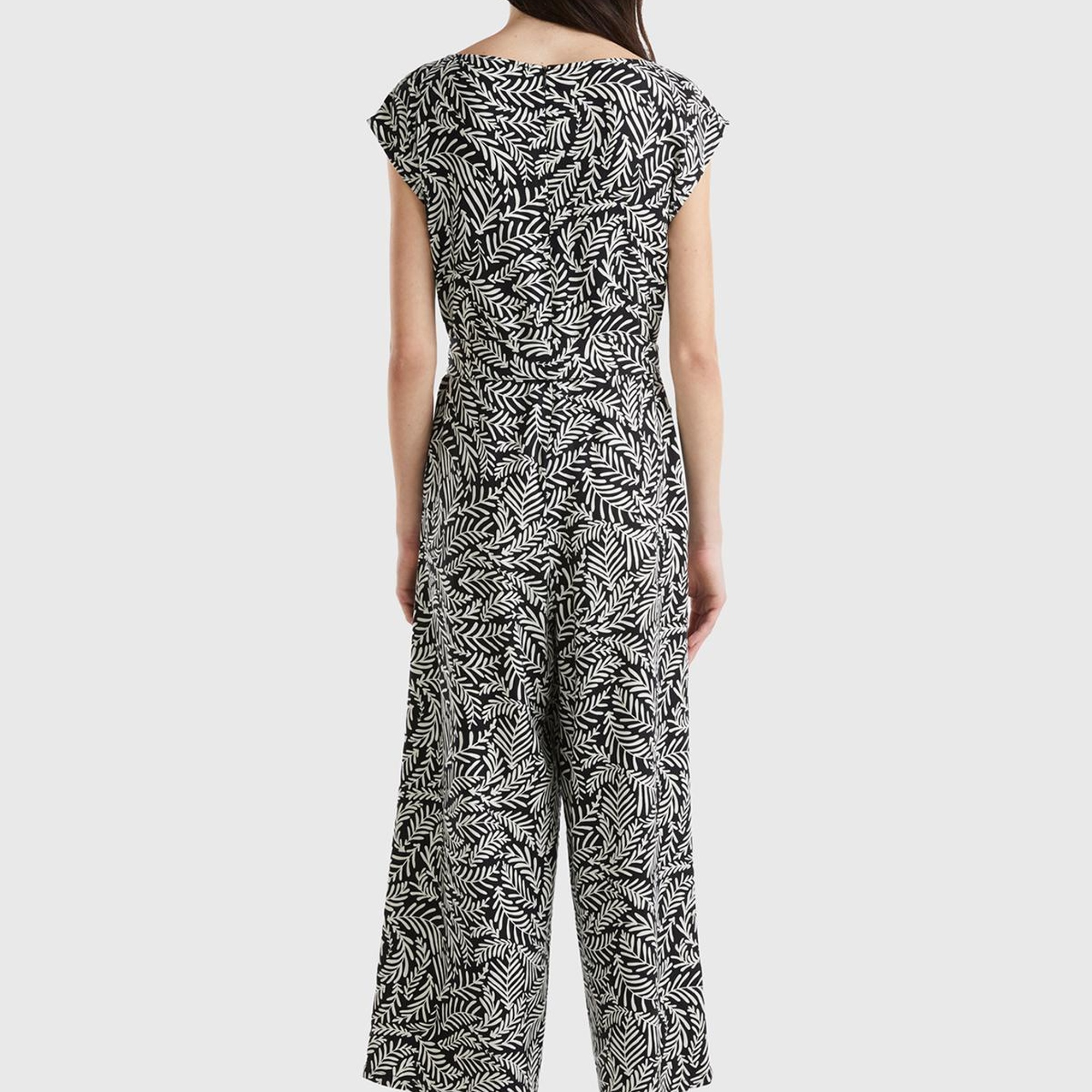 Kadın Siyah-Beyaz %100 Liyosel Tamamı Desenli Belden Bağlamalı Tulum