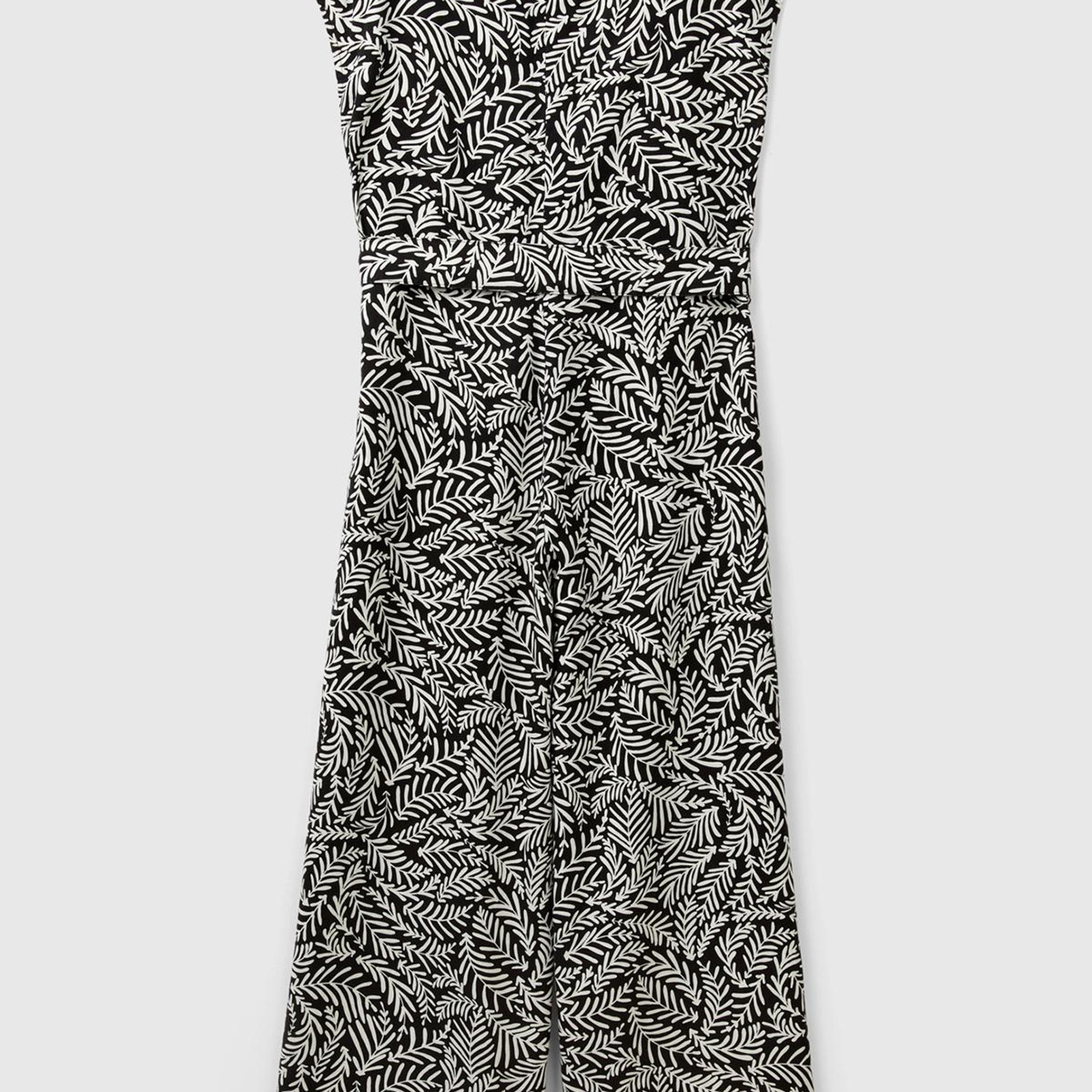 Kadın Siyah-Beyaz %100 Liyosel Tamamı Desenli Belden Bağlamalı Tulum