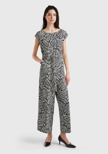  Kadın Siyah-Beyaz %100 Liyosel Tamamı Desenli Belden Bağlamalı Tulum