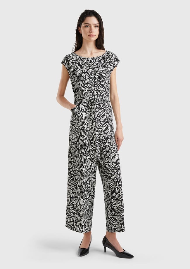  Kadın Siyah-Beyaz %100 Liyosel Tamamı Desenli Belden Bağlamalı Tulum