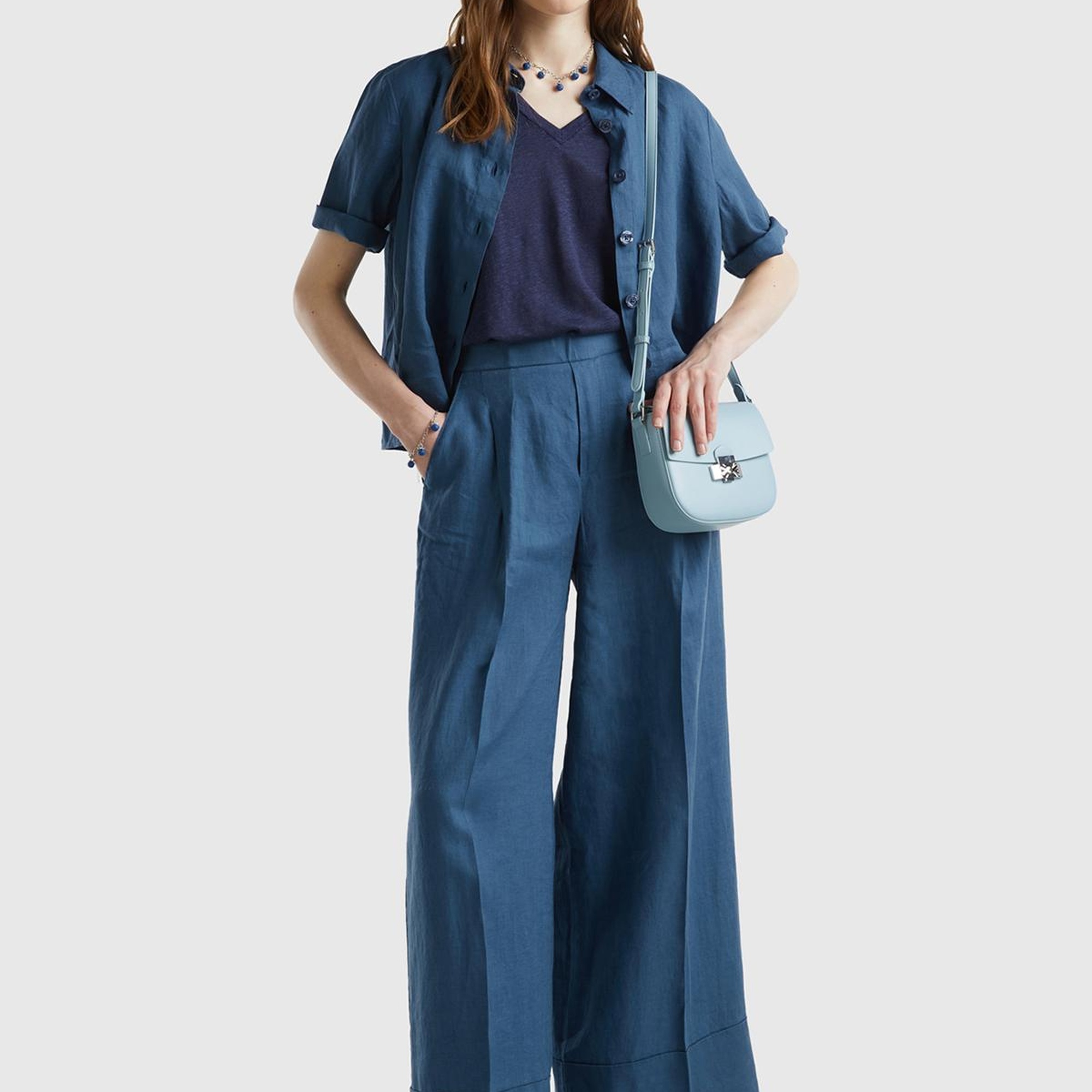 Kadın Gece Mavisi %100 Keten Beli Lastikli Geniş Kesim Pantolon