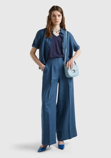  Kadın Gece Mavisi %100 Keten Beli Lastikli Geniş Kesim Pantolon