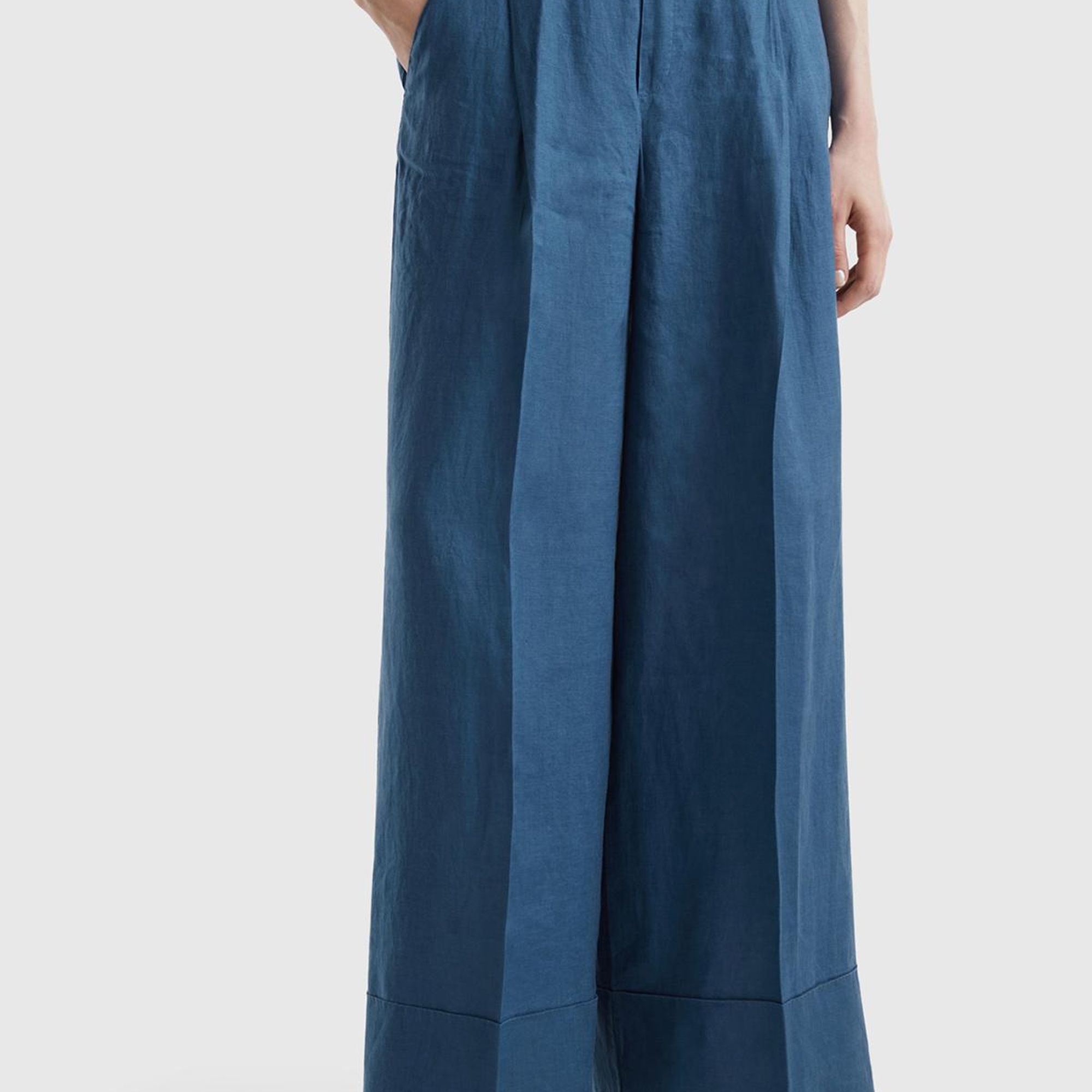 Kadın Gece Mavisi %100 Keten Beli Lastikli Geniş Kesim Pantolon