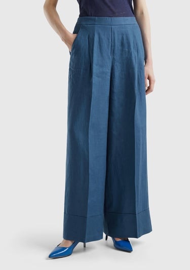  Kadın Gece Mavisi %100 Keten Beli Lastikli Geniş Kesim Pantolon