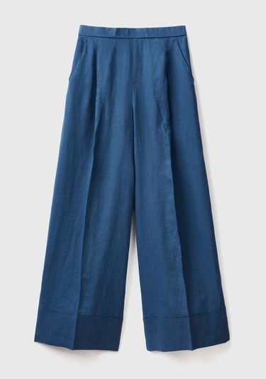  Kadın Gece Mavisi %100 Keten Beli Lastikli Geniş Kesim Pantolon