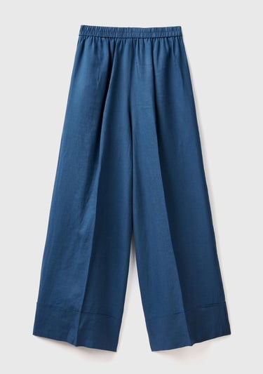  Kadın Gece Mavisi %100 Keten Beli Lastikli Geniş Kesim Pantolon