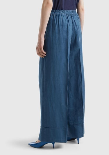  Kadın Gece Mavisi %100 Keten Beli Lastikli Geniş Kesim Pantolon