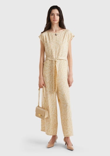  Kadın Krem Mix %100 Liyosel Tamamı Desenli Belden Bağlamalı Tulum