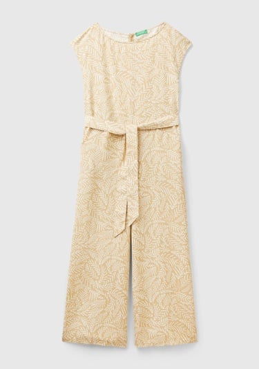  Kadın Krem Mix %100 Liyosel Tamamı Desenli Belden Bağlamalı Tulum