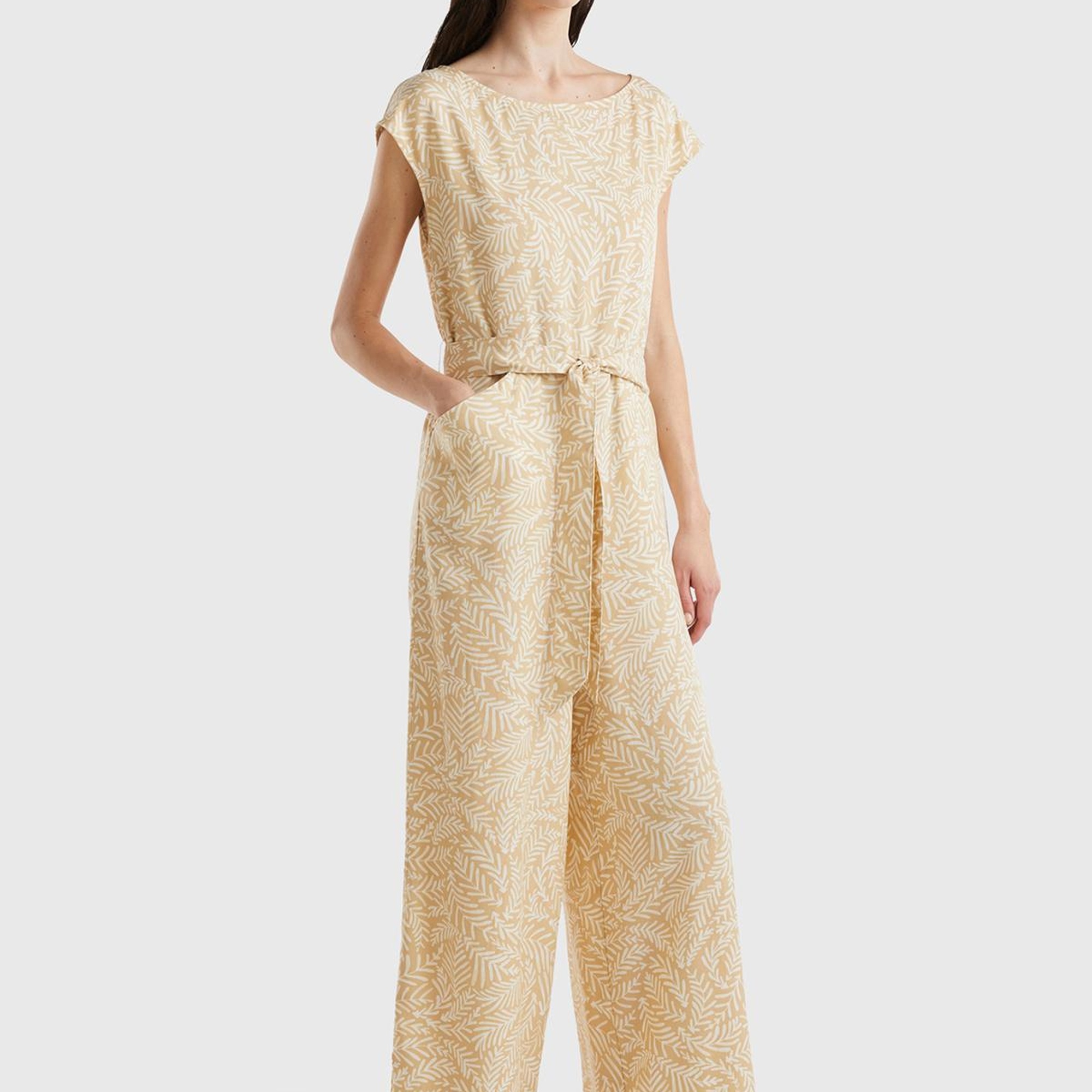 Kadın Krem Mix %100 Liyosel Tamamı Desenli Belden Bağlamalı Tulum