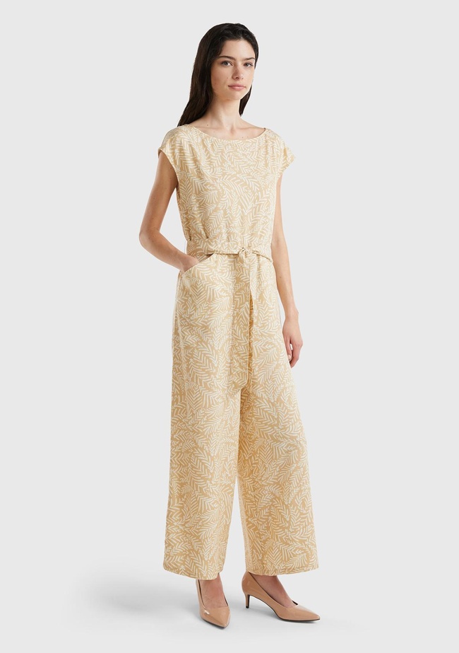  Kadın Krem Mix %100 Liyosel Tamamı Desenli Belden Bağlamalı Tulum