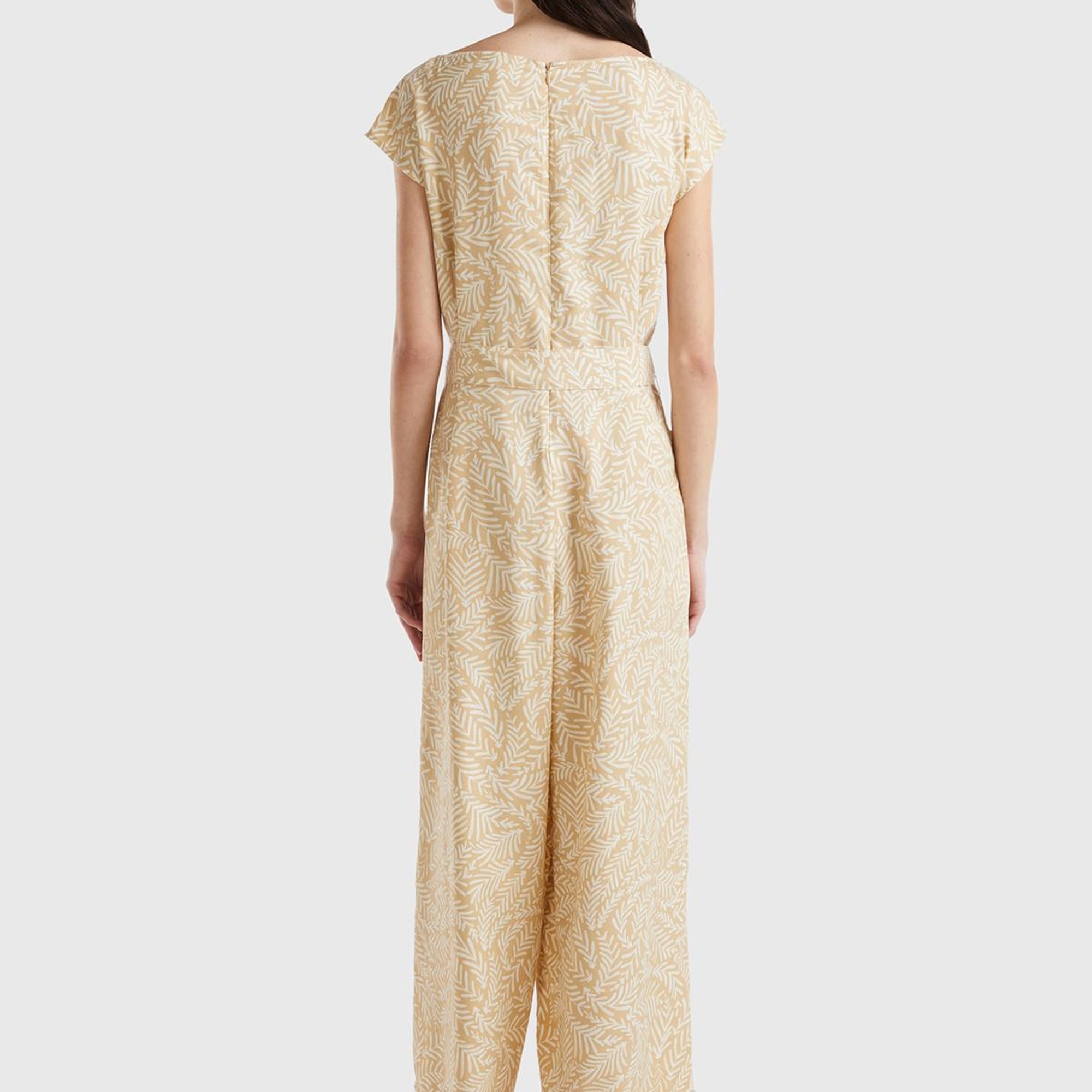 Kadın Krem Mix %100 Liyosel Tamamı Desenli Belden Bağlamalı Tulum