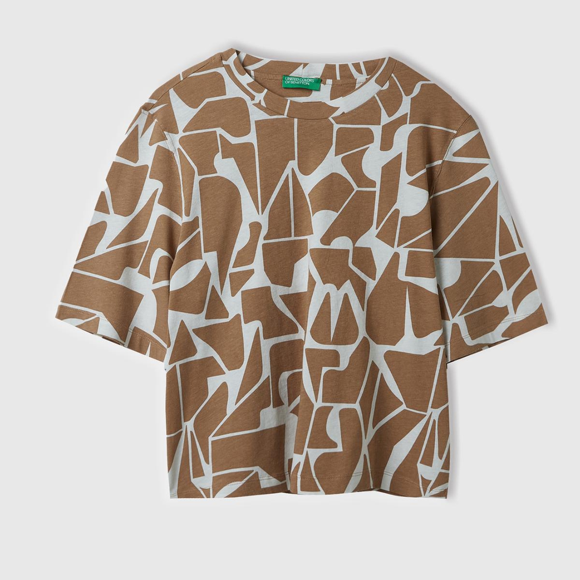 Kadın Bej Pamuk Keten Karışımlı Tamamı Baskılı Bisiklet Yaka T-Shirt