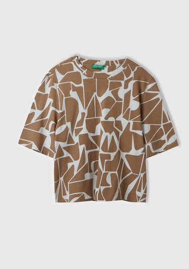  Kadın Bej Pamuk Keten Karışımlı Tamamı Baskılı Bisiklet Yaka T-Shirt