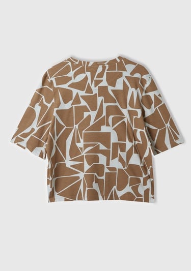  Kadın Bej Pamuk Keten Karışımlı Tamamı Baskılı Bisiklet Yaka T-Shirt