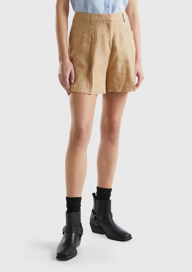  Kadın Taba %100 Keten Kısa Şort
