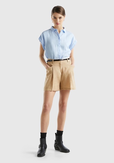  Kadın Taba %100 Keten Kısa Şort