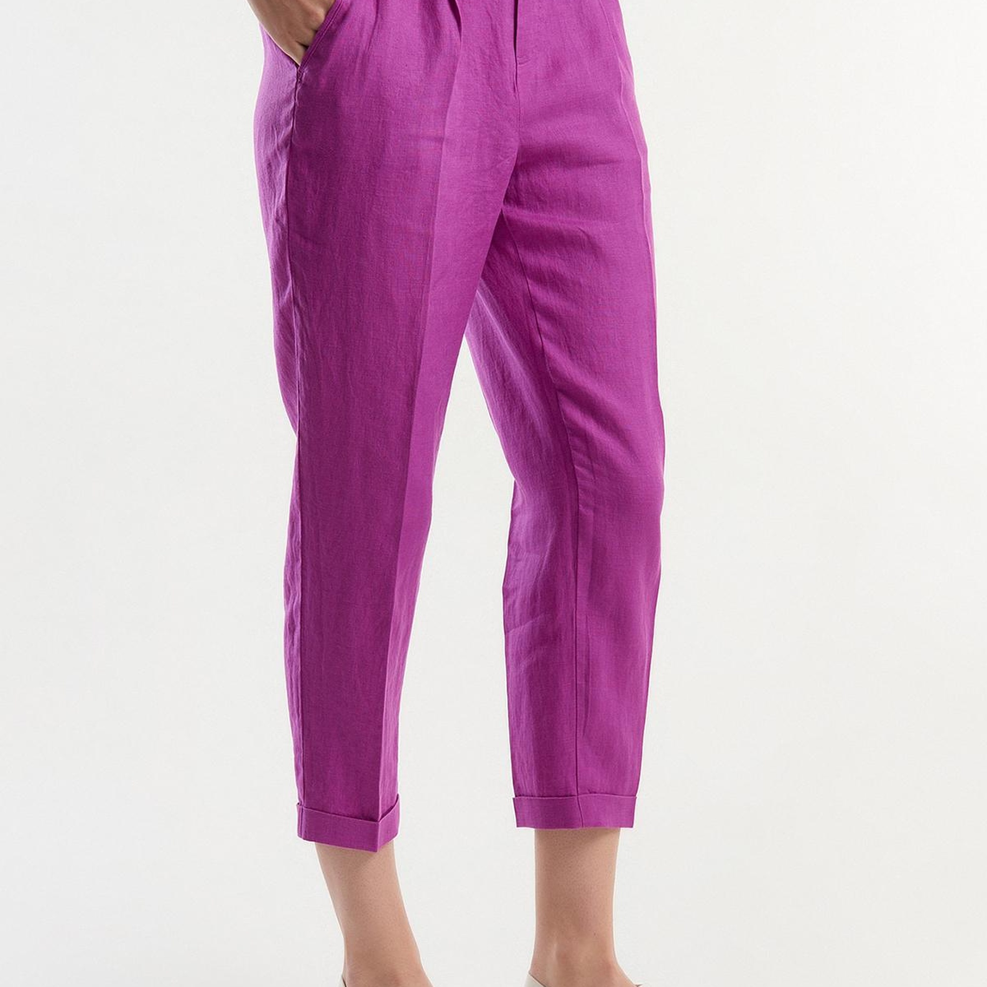 Kadın Mor %100 Keten Beli Lastikli Pantolon