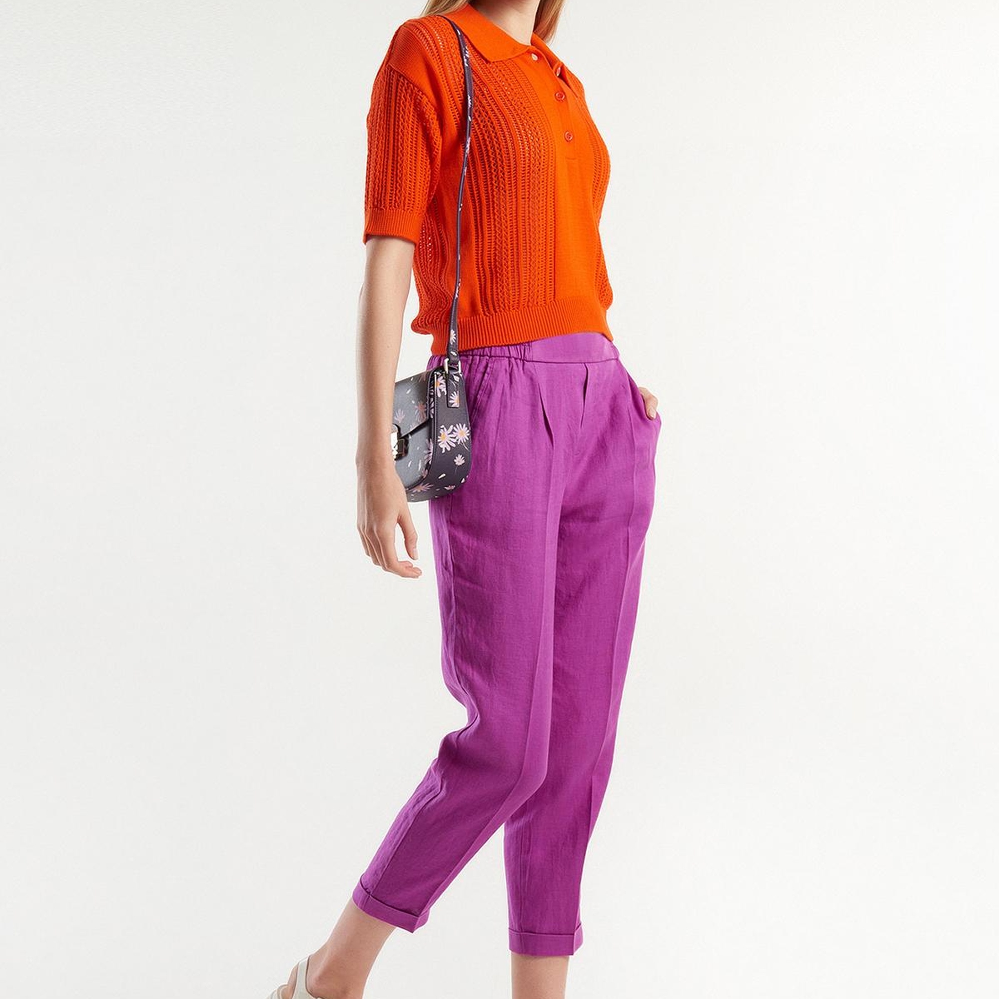 Kadın Mor %100 Keten Beli Lastikli Pantolon