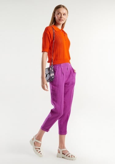  Kadın Mor %100 Keten Beli Lastikli Pantolon