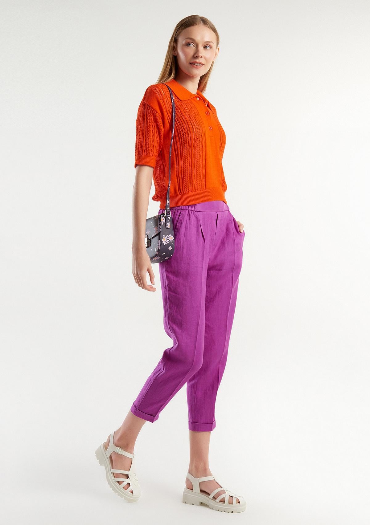  Kadın Mor %100 Keten Beli Lastikli Pantolon