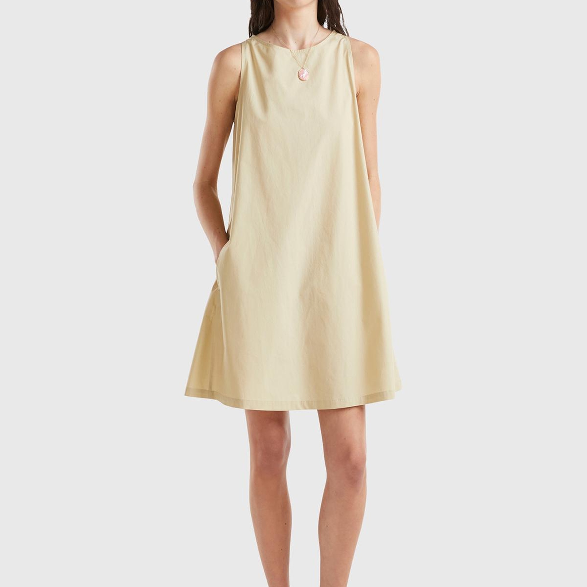 Kadın Bej %100 Koton Kolsuz Midi Boy Elbise