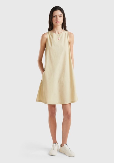  Kadın Bej %100 Koton Kolsuz Midi Boy Elbise