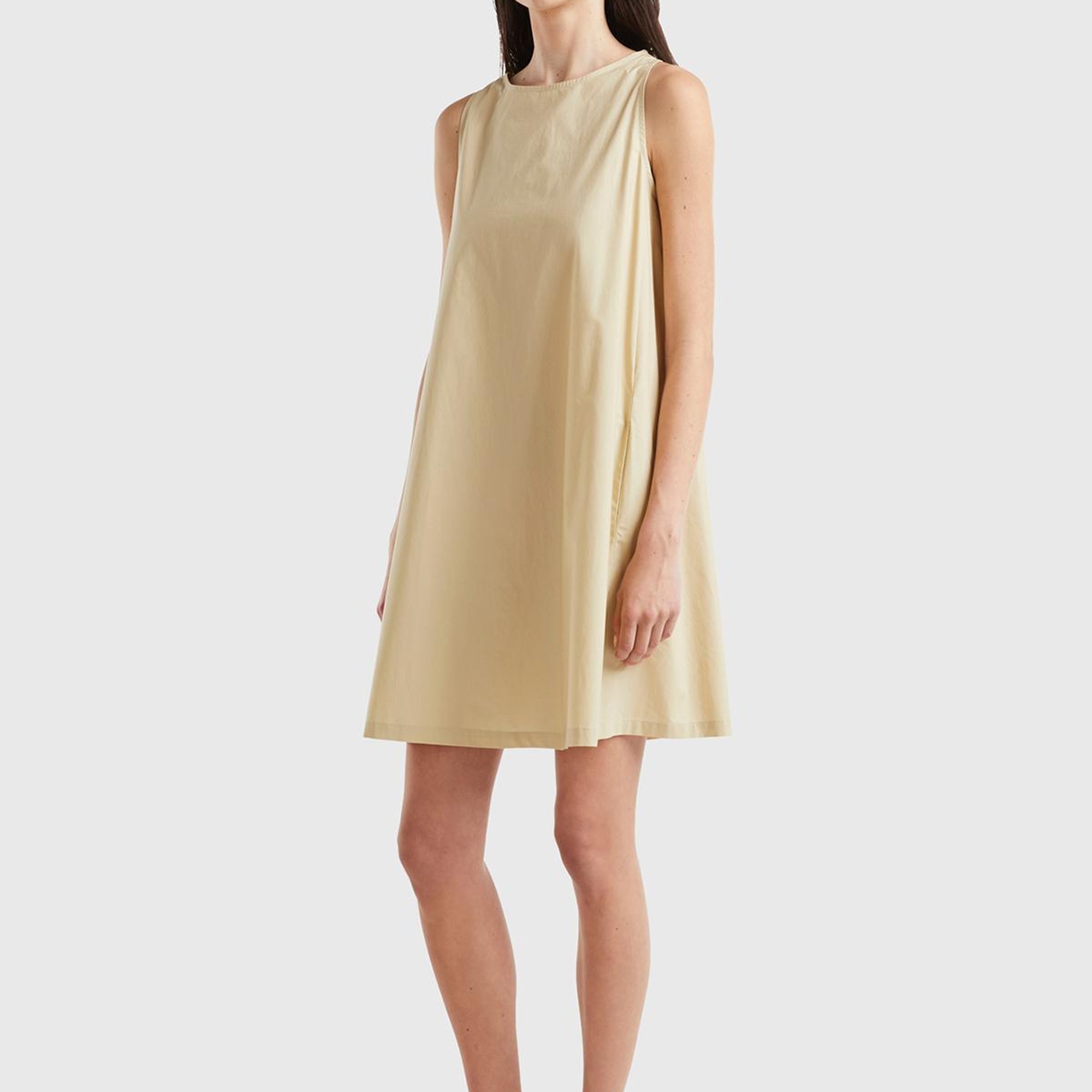 Kadın Bej %100 Koton Kolsuz Midi Boy Elbise