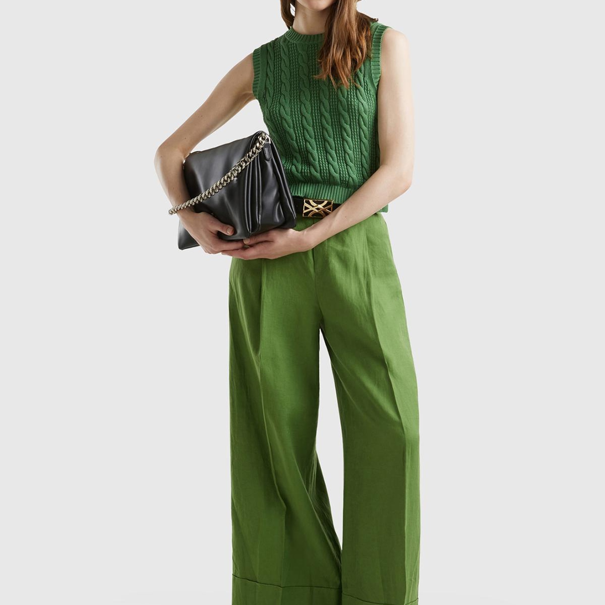 Kadın Soluk Yeşil %100 Keten Beli Lastikli Geniş Kesim Pantolon