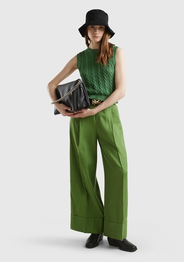  Kadın Soluk Yeşil %100 Keten Beli Lastikli Geniş Kesim Pantolon