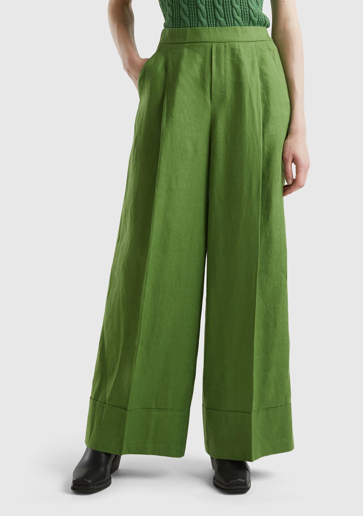 Kadın Soluk Yeşil %100 Keten Beli Lastikli Geniş Kesim Pantolon