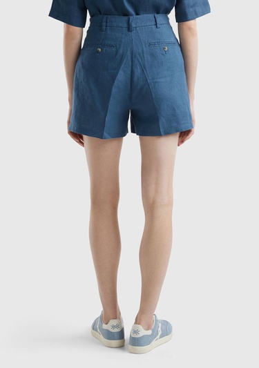  Kadın Gece Mavisi %100 Keten Kısa Şort